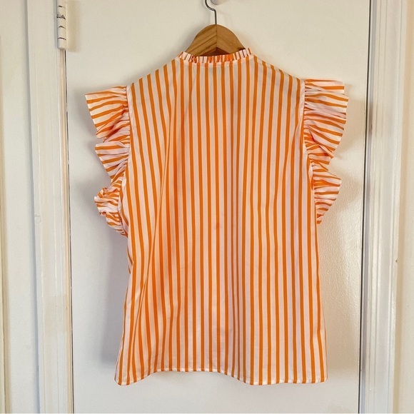 Anthropologie Harshman Striped Ruffle Short Sleeve Top Orange White Cotton M - Picture 6 of 8